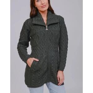 Aran Crafts Wool Sweater Collar Coat Cardigan Zip Cable Knit Dark Grey Sz XS